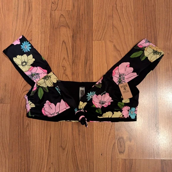 PINK 4 Way Reversible Cap Sleeve Bikini Top in Floral Black, Size Large - Picture 4 of 8